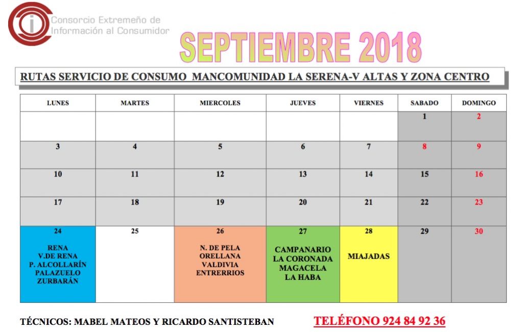Oficina de Consumo – calendario septiembre 2018