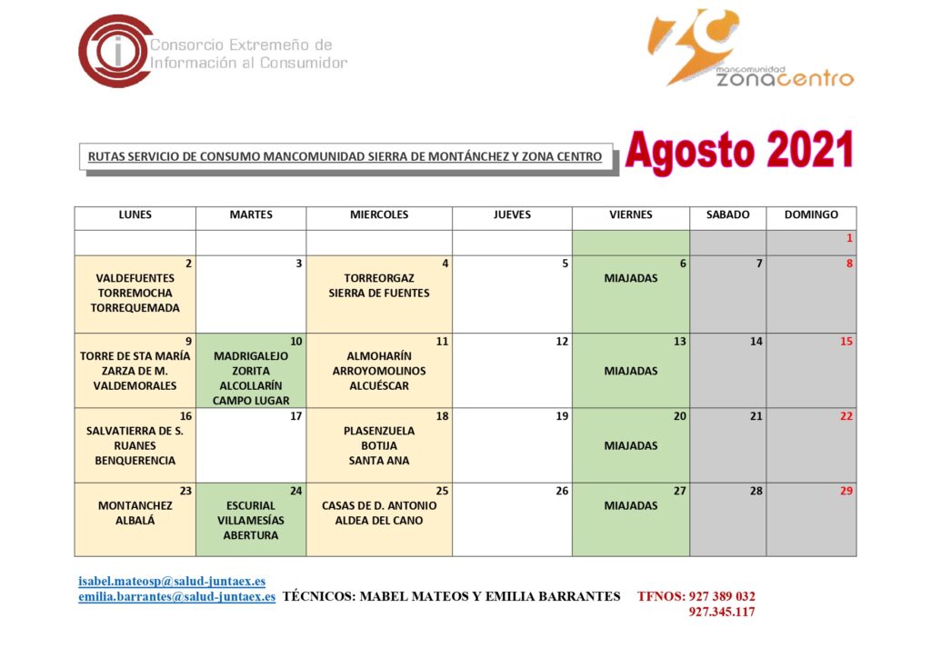 Calendario Rutas AGOSTO 2021