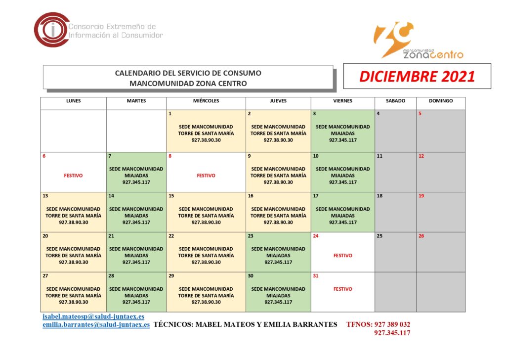Oficina de Consumo – Calendario diciembre 2021.