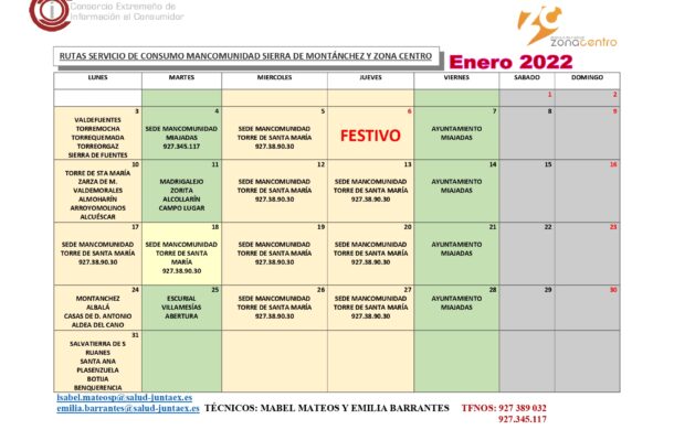 Calendario Rutas ENERO 2022 Actualizacion